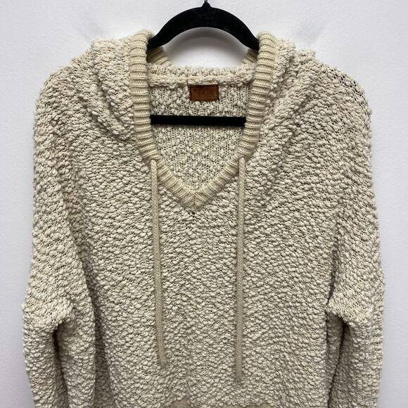 POL Womens Cream Acrylic Blend Popcorn Chenille V-Neck Pullover Hooded Sweater L - Picture 2 of 10